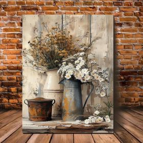 1 Piece Framed Wooden Canvas Painting, Rustic Wood Frame Canvas Art - Cream Yellow Wood Grain With White Jasmine Flowers With Rust Colored Wateri (Option: 12X18inch)